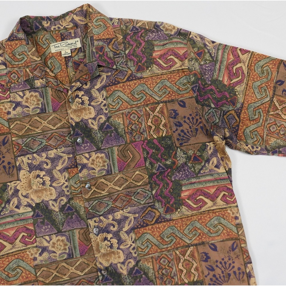 Tori Richard Mens L Abstract Geometric Cotton Lawn Hawaiian Shirt Mosaic Tribal